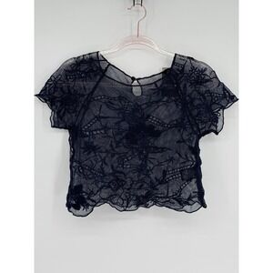 Anthropologie Vanessa Virginia Lace Top Navy Blue Floral Short Sleeve‎ Blouse